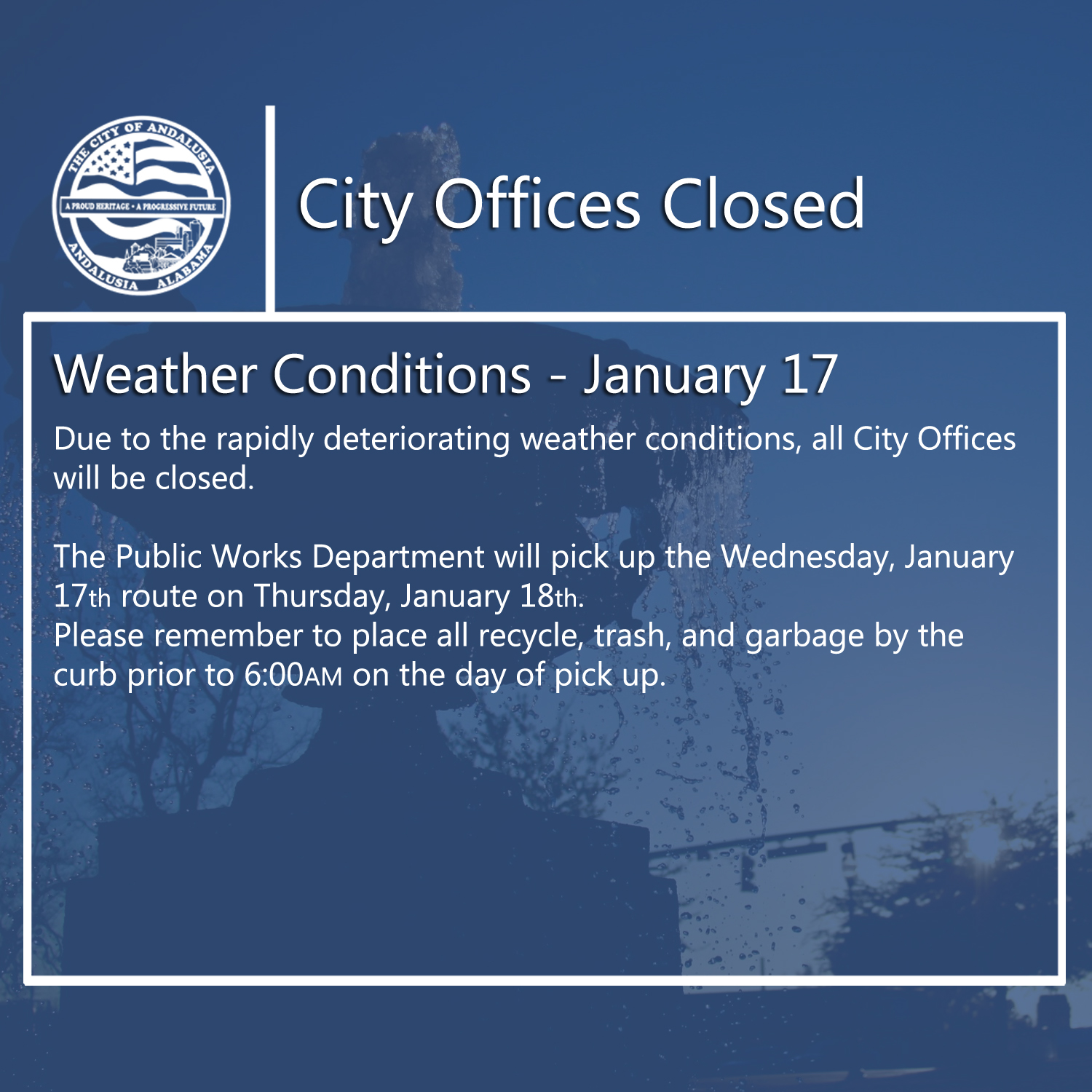 Facebook City Offices Closed Weather Jan 17