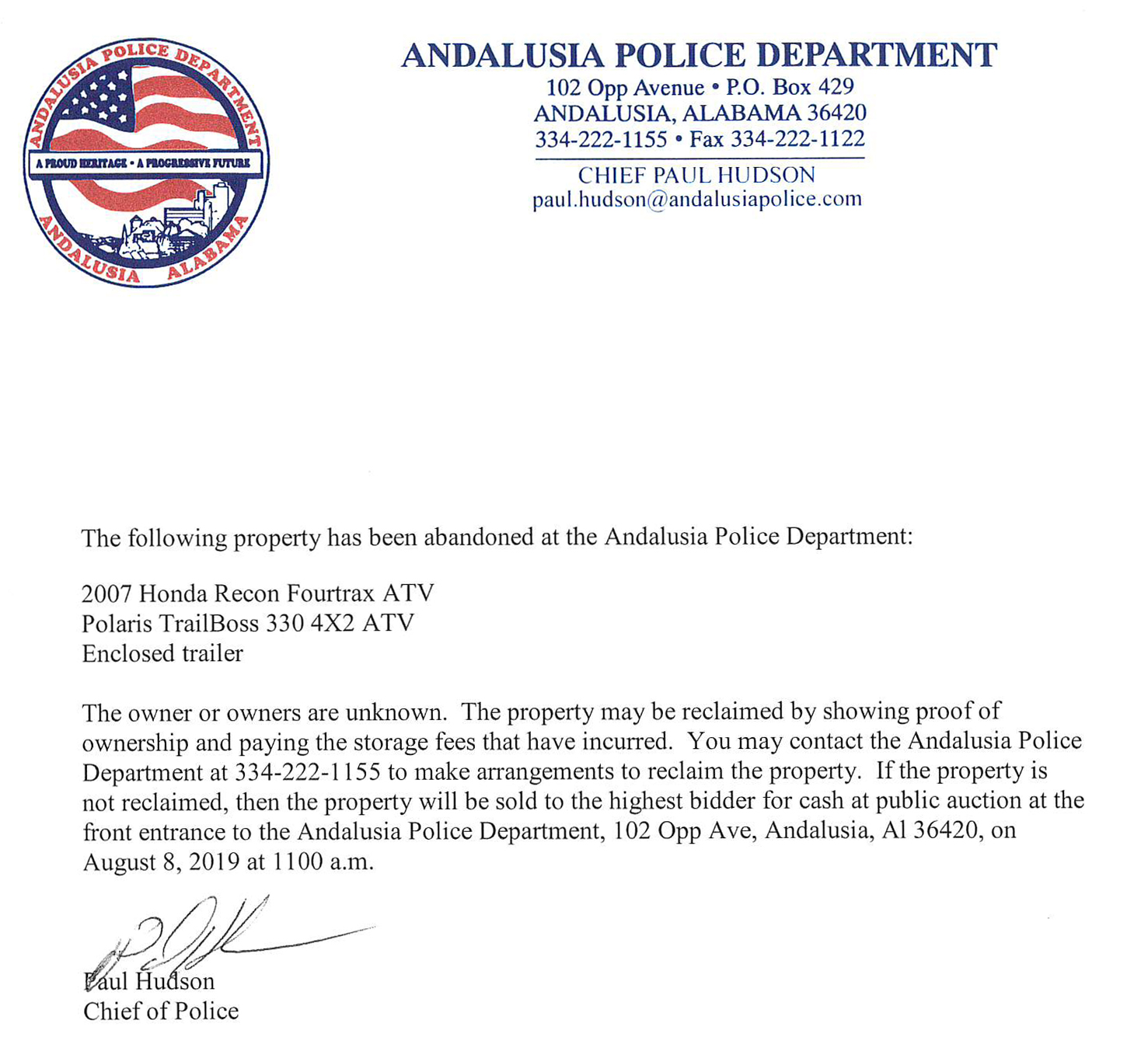 Andalusia Police Department Public Notice