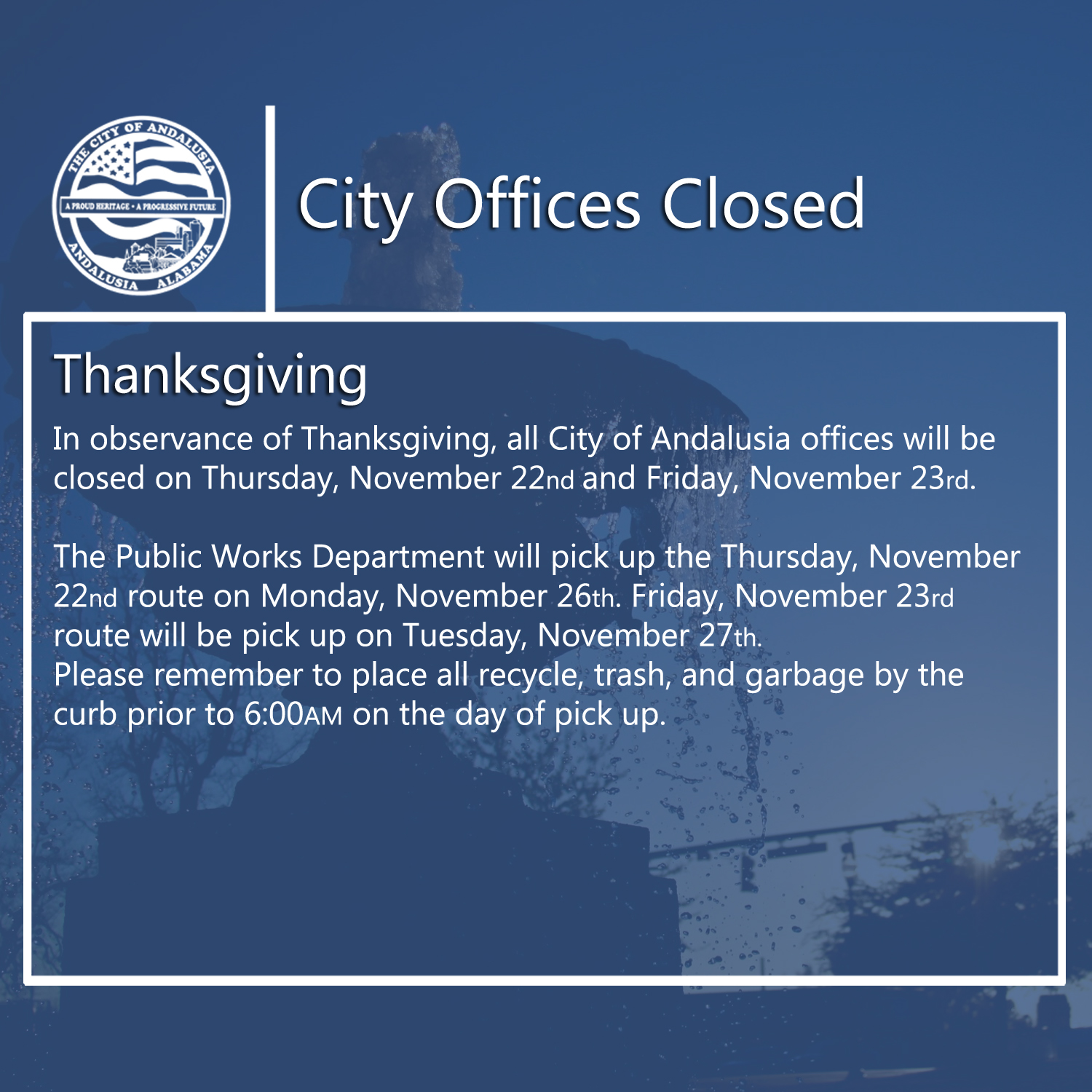 Facebook City Offices Closed Thanksgiving