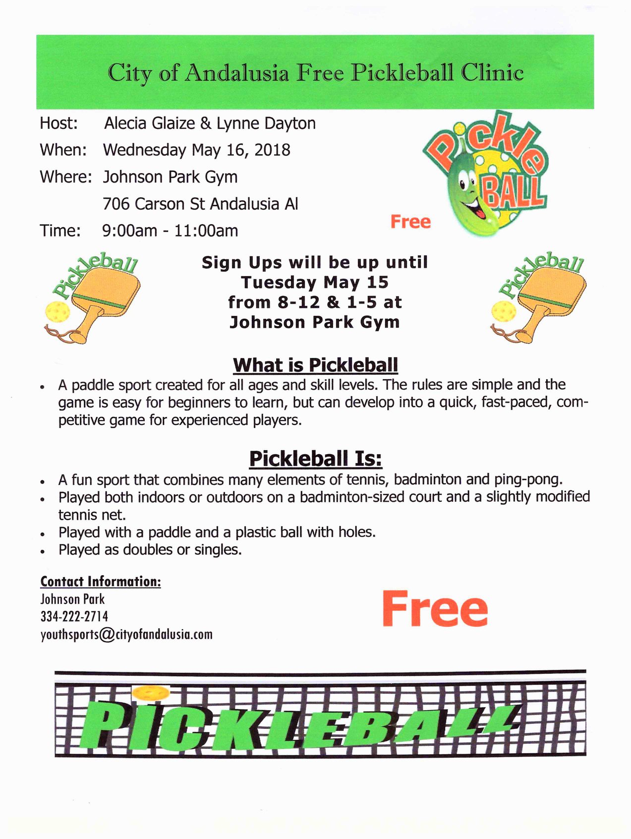 20180515 City of Andalusia Free Pickleball Clinic