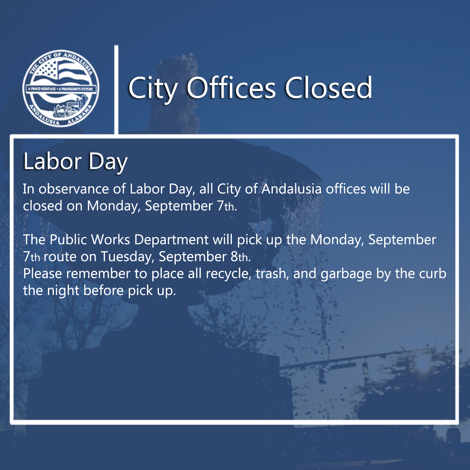Facebook City Offices Closed Sept. 7th